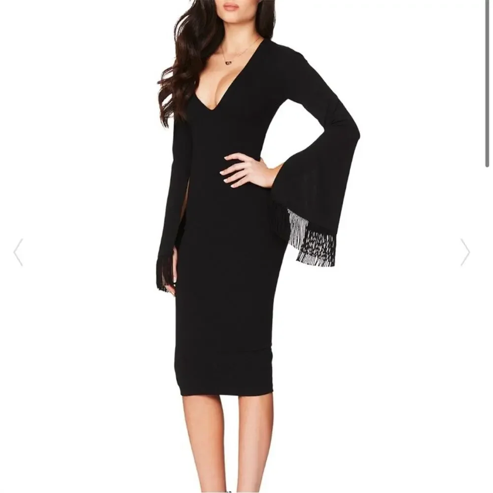 NWT Nookie Iris Long Sleeve‎ Plunge V-Neck Midi Dress Black Small